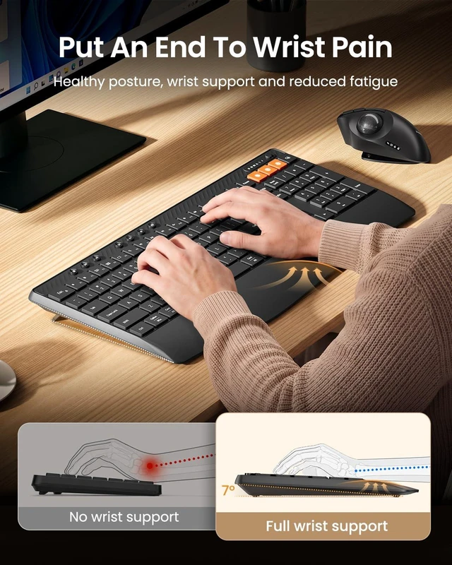 Alt view image 3 of 7 - ProtoArc K40 Wireless Bluetooth Keyboard with Ergonomic Wrist Rest, Black | Multi Device Keyboard with 7 Dedicated Multimedia Hotkeys, Dual Bluetooth & 2.4G, Rechargeable, Quiet Typing, Windows/Mac
