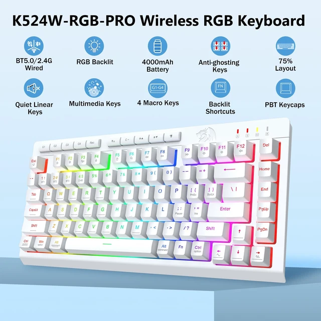 Alt view image 2 of 7 - Redragon Wireless Gaming Keyboard, Portable 75% Compact,RGB Backlit, White