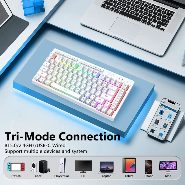 Alt view image 3 of 7 - Redragon Wireless Gaming Keyboard, Portable 75% Compact,RGB Backlit, White