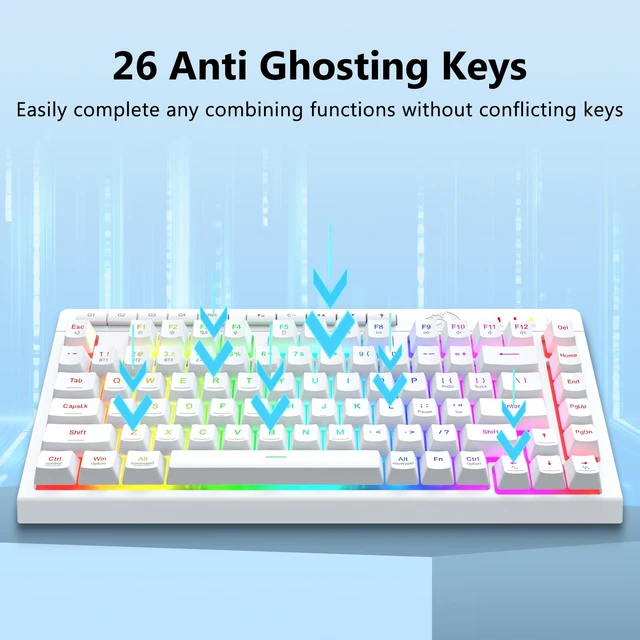 Alt view image 5 of 7 - Redragon Wireless Gaming Keyboard, Portable 75% Compact,RGB Backlit, White