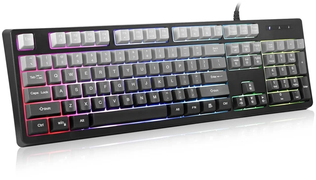 Main image of HUO JI Wired Gaming Keyboard with RGB LED Backlit, Floating Keys | Membrane with Mechanical Feeling, Spill Resistant, Ergonomic for Xbox, PS Series, Desktop, Computer, PC, Gradient Gray