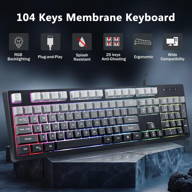 Alt view image 2 of 7 - HUO JI Wired Gaming Keyboard with RGB LED Backlit, Floating Keys | Membrane with Mechanical Feeling, Spill Resistant, Ergonomic for Xbox, PS Series, Desktop, Computer, PC, Gradient Gray