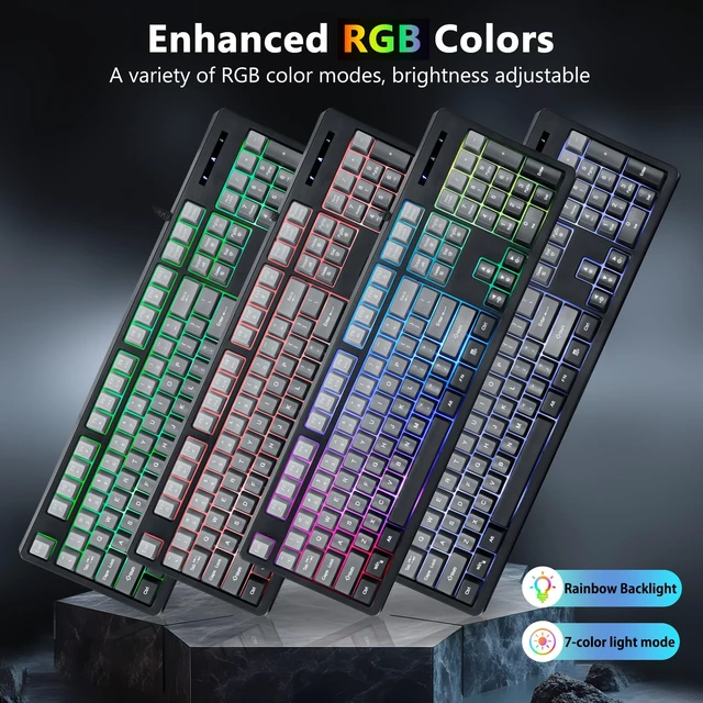 Alt view image 3 of 7 - HUO JI Wired Gaming Keyboard with RGB LED Backlit, Floating Keys | Membrane with Mechanical Feeling, Spill Resistant, Ergonomic for Xbox, PS Series, Desktop, Computer, PC, Gradient Gray