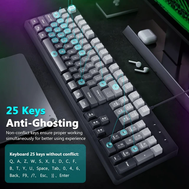 Alt view image 4 of 7 - HUO JI Wired Gaming Keyboard with RGB LED Backlit, Floating Keys | Membrane with Mechanical Feeling, Spill Resistant, Ergonomic for Xbox, PS Series, Desktop, Computer, PC, Gradient Gray