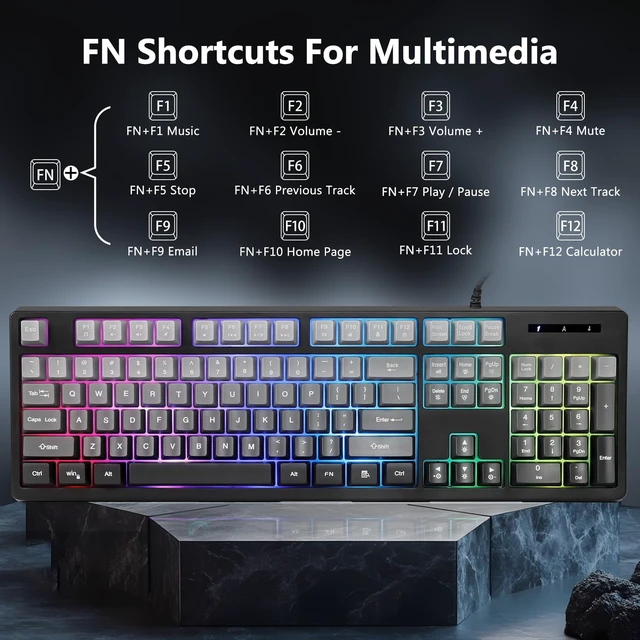 Alt view image 6 of 7 - HUO JI Wired Gaming Keyboard with RGB LED Backlit, Floating Keys | Membrane with Mechanical Feeling, Spill Resistant, Ergonomic for Xbox, PS Series, Desktop, Computer, PC, Gradient Gray
