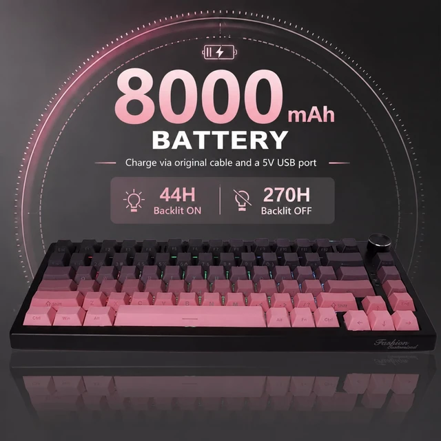 Alt view image 5 of 7 - Adventurers 75% Wireless Mechanical Keyboard,8000mAh,Hot-Swappable | gaming Keyboard with Knob,RGB Backlit,2.4GHz/Type-C/BT5.0,side printed PBT Keycaps(Gradient Pink Black)