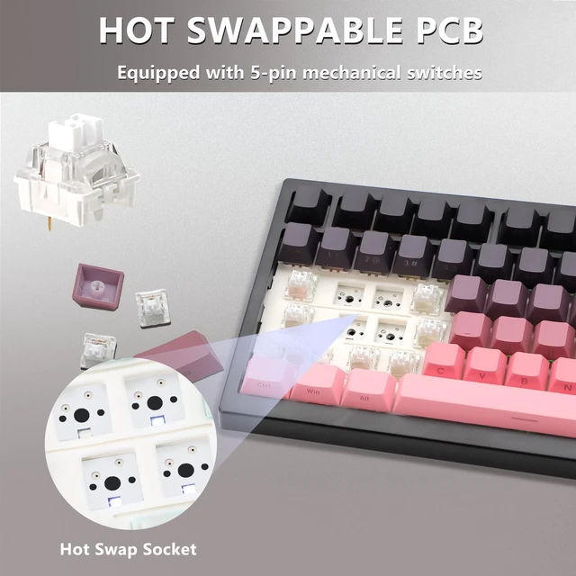 Alt view image 7 of 7 - Adventurers 75% Wireless Mechanical Keyboard,8000mAh,Hot-Swappable | gaming Keyboard with Knob,RGB Backlit,2.4GHz/Type-C/BT5.0,side printed PBT Keycaps(Gradient Pink Black)