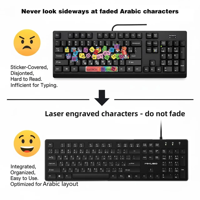 Alt view image 2 of 7 - MIKUSO Arabic English Keyboard,Wired Keyboard Not Fading Bilingual Letters | USB-A Interface,1.6m/62.99inches line Length Suitable for Windows Computer,Laptop,PC,Full Size with Number Key,Plug