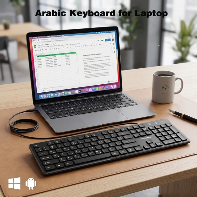 Alt view image 3 of 7 - MIKUSO Arabic English Keyboard,Wired Keyboard Not Fading Bilingual Letters | USB-A Interface,1.6m/62.99inches line Length Suitable for Windows Computer,Laptop,PC,Full Size with Number Key,Plug