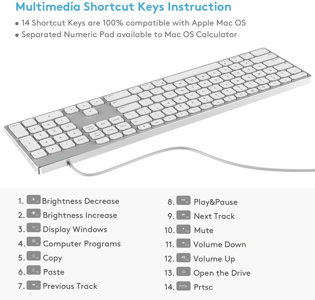 Alt view image 4 of 7 - All-Aluminum Wired Keyboard for MacOS with Full-Size Numeric Keypad | USB-A/USB-C 2-in-1 Plug-and-Play Cable, Metal Unibody, Stick-On Risers, For iMac, Mac mini, MacBook and Mac Studio