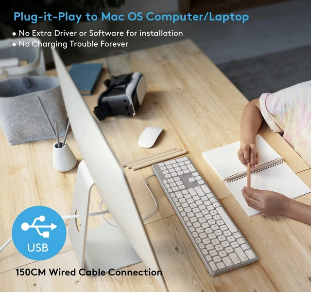Alt view image 5 of 7 - All-Aluminum Wired Keyboard for MacOS with Full-Size Numeric Keypad | USB-A/USB-C 2-in-1 Plug-and-Play Cable, Metal Unibody, Stick-On Risers, For iMac, Mac mini, MacBook and Mac Studio