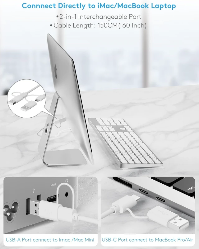 Alt view image 6 of 7 - All-Aluminum Wired Keyboard for MacOS with Full-Size Numeric Keypad | USB-A/USB-C 2-in-1 Plug-and-Play Cable, Metal Unibody, Stick-On Risers, For iMac, Mac mini, MacBook and Mac Studio