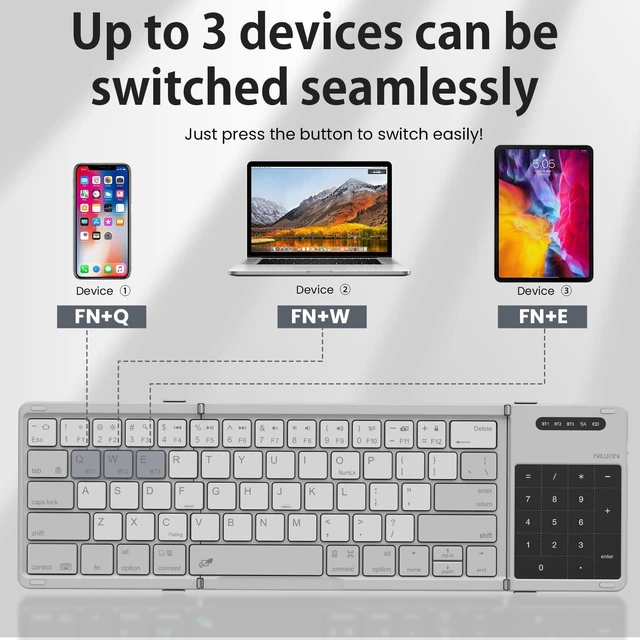 Alt view image 3 of 7 - Pocket Foldable Wireless Keyboard with Touchpad Number Pad for Trip Travel Meeting for Tablets Fold Phone Laptop PC, Full Size (Small) Magnetic Folding Keyboard (Grey)