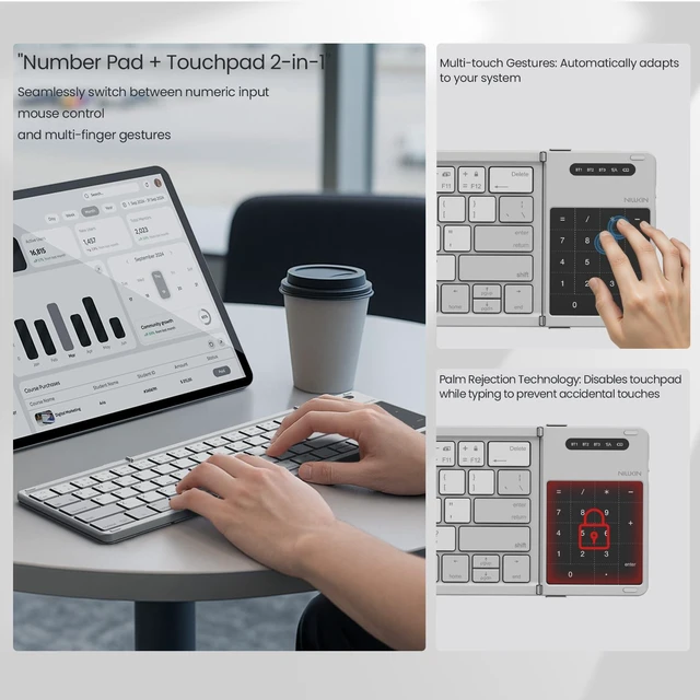 Alt view image 5 of 7 - Pocket Foldable Wireless Keyboard with Touchpad Number Pad for Trip Travel Meeting for Tablets Fold Phone Laptop PC, Full Size (Small) Magnetic Folding Keyboard (Grey)