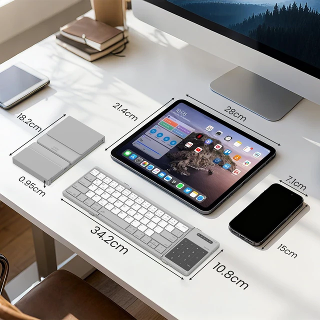 Alt view image 6 of 7 - Pocket Foldable Wireless Keyboard with Touchpad Number Pad for Trip Travel Meeting for Tablets Fold Phone Laptop PC, Full Size (Small) Magnetic Folding Keyboard (Grey)