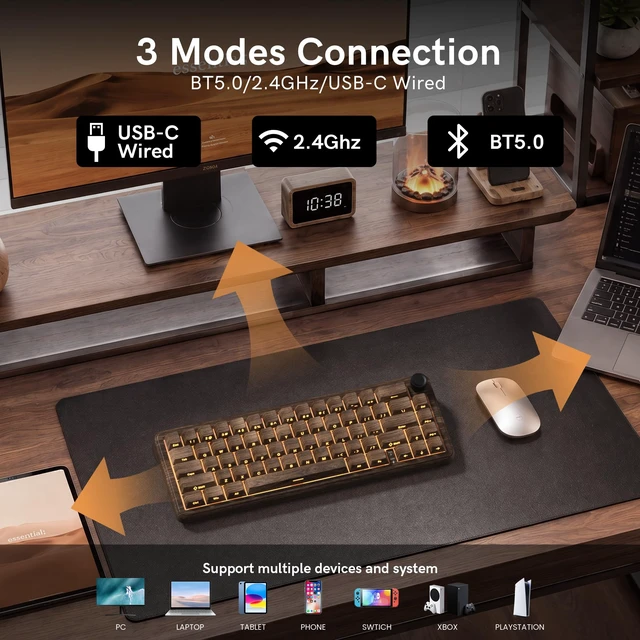 Alt view image 2 of 7 - L65 60% Brown Mechanical Keyboard with Knob,4000mAh,Tri Mode USB-C/BT5.0/2.4G,RGB Backlit,Hot Swap,Linear Switch,Gasket Mounted Wireless Gaming Keyboard for PC/Mac,Wood Pattern Theme