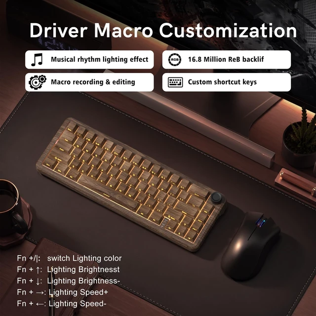 Alt view image 6 of 7 - L65 60% Brown Mechanical Keyboard with Knob,4000mAh,Tri Mode USB-C/BT5.0/2.4G,RGB Backlit,Hot Swap,Linear Switch,Gasket Mounted Wireless Gaming Keyboard for PC/Mac,Wood Pattern Theme