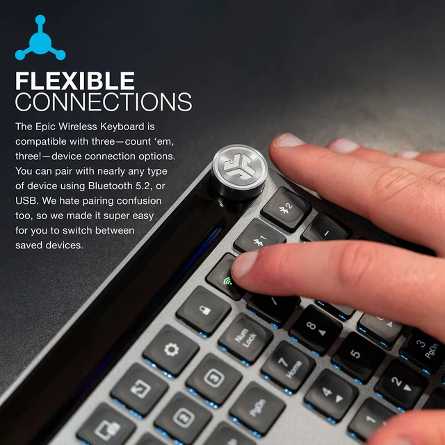 Alt view image 3 of 7 - Wireless Keyboard, Bluetooth 5.2, USB Dongle, Multi-Device, Backlit, 108 Keys, Black