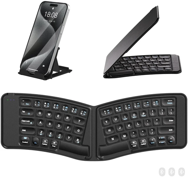 Main image of Wireless Foldable Keyboard for iPad, iPhone, Tablet, Laptop | Concave Keycaps, 3 Device Bluetooth Connect, Split Design, 360° Folding Ultra Slim, USB-C Rechargeable, for Travel Business