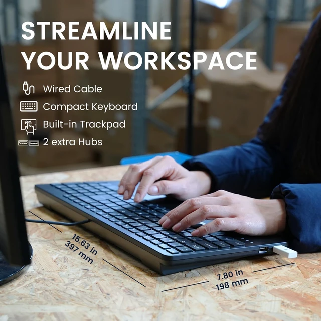 Alt view image 4 of 7 - PERIBOARD-534 US, Wired Compact USB Keyboard with Touchpad - X Type Scissor Keys - 15.63x7.80x1.18 inches - Build-in 2 USB Hubs and Number Pad