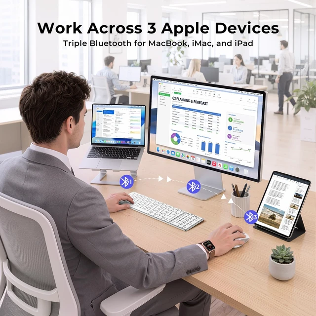 Alt view image 2 of 7 - seenda SK64-2 3-Device Bluetooth Keyboard for Mac iPad, White Silver | Ultra-slim metallic-look design with quiet keys, USB-C charging, and compact number pad for Mac, iPad, laptop, and tablet