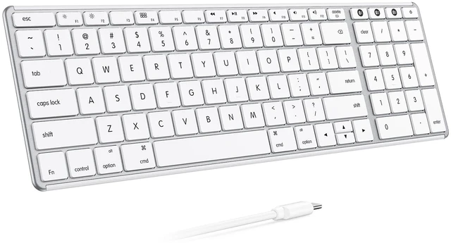 Main image of seenda SK64-2 3-Device Bluetooth Keyboard for Mac iPad, White Silver | Ultra-slim metallic-look design with quiet keys, USB-C charging, and compact number pad for Mac, iPad, laptop, and tablet