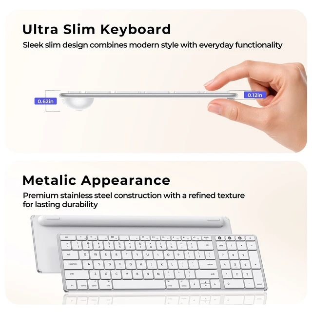 Alt view image 3 of 7 - seenda SK64-2 3-Device Bluetooth Keyboard for Mac iPad, White Silver | Ultra-slim metallic-look design with quiet keys, USB-C charging, and compact number pad for Mac, iPad, laptop, and tablet