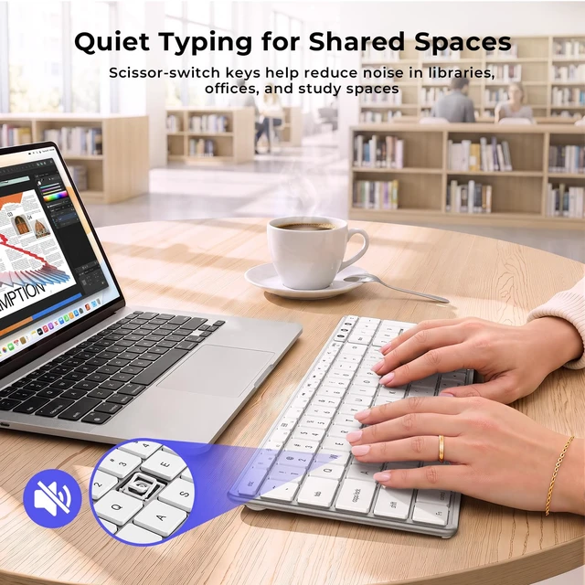 Alt view image 6 of 7 - seenda SK64-2 3-Device Bluetooth Keyboard for Mac iPad, White Silver | Ultra-slim metallic-look design with quiet keys, USB-C charging, and compact number pad for Mac, iPad, laptop, and tablet