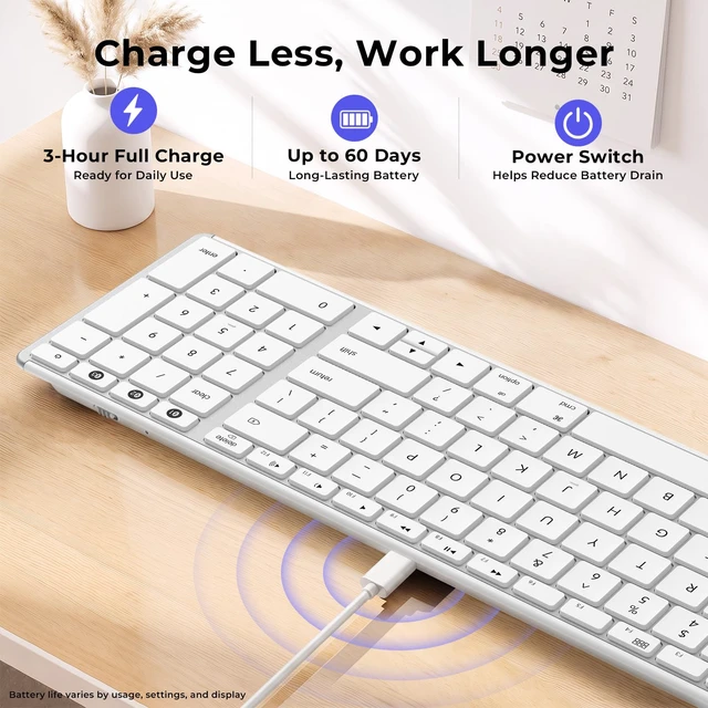 Alt view image 5 of 7 - seenda SK64-2 3-Device Bluetooth Keyboard for Mac iPad, White Silver | Ultra-slim metallic-look design with quiet keys, USB-C charging, and compact number pad for Mac, iPad, laptop, and tablet