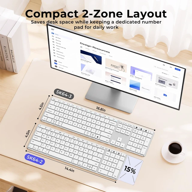 Alt view image 4 of 7 - seenda SK64-2 3-Device Bluetooth Keyboard for Mac iPad, White Silver | Ultra-slim metallic-look design with quiet keys, USB-C charging, and compact number pad for Mac, iPad, laptop, and tablet