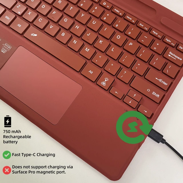 Alt view image 2 of 7 - =Type Cover for Microsoft Surface Pro 7+ / Pro 7/6 / 5/4 / 3, 12.3 inch, Ultra-Slim Bluetooth Keyboard with Multi-Touchpad (Red No Backlit)