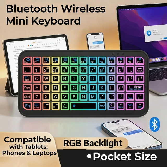 Alt view image 3 of 7 - Mini Bluetooth Keyboard, Wireless Keyboard for iPhone iPad Android PC Mac | USB-C Rechargeable,7-Color RGB Backlight,Portable,Pocket Size,75 Keys,Full QWERTY Layout with Tab & F1-F12