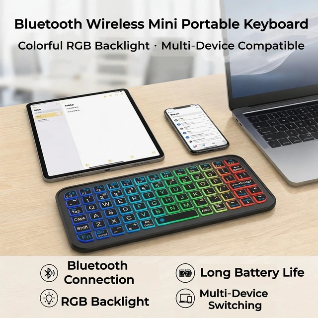 Alt view image 6 of 7 - Mini Bluetooth Keyboard, Wireless Keyboard for iPhone iPad Android PC Mac | USB-C Rechargeable,7-Color RGB Backlight,Portable,Pocket Size,75 Keys,Full QWERTY Layout with Tab & F1-F12