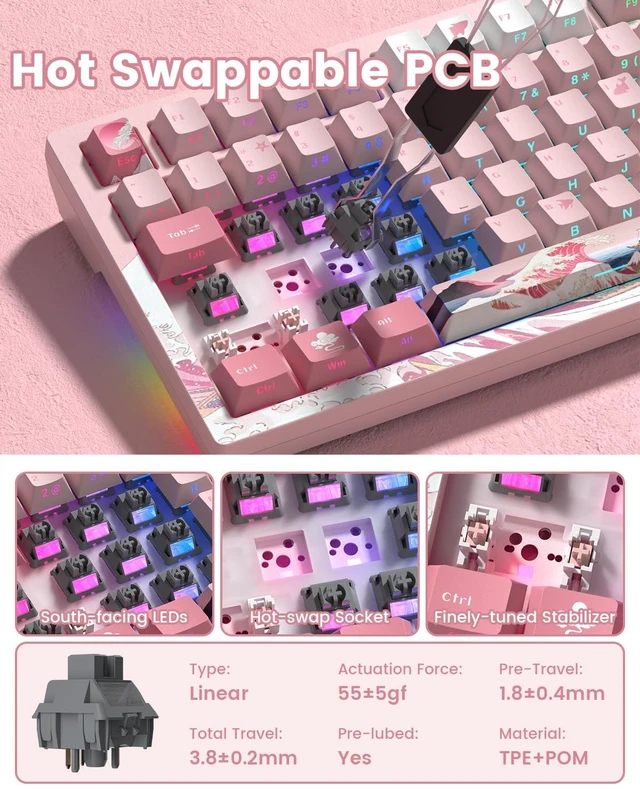 Alt view image 7 of 7 - L80 75% Wireless Gaming Keyboard, Mechanical Keyboard with Knob | Smart Display, Tri-Mode BT/2.4GHz/USB-C, Gasket Mount, RGB Backlit, Hot-Swappable, PC and Mac Compatible, Pink