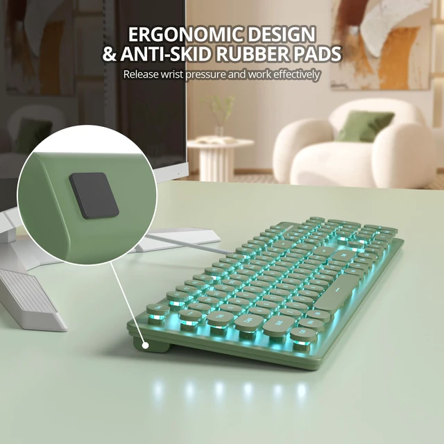 Alt view image 4 of 7 - Quiet Keyboard Wired Membrane Keyboard Green, Full Size 104 Keys Typewriter Key Board with Number Pad, Blue LED Backlit, Round Keycaps, Cute Computer Keyboards (Dark Green)