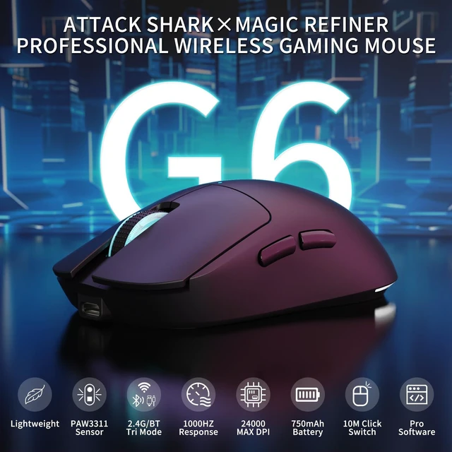 Alt view image 2 of 7 - SHARK×Magic-Refiner G6 Wireless Gaming Mouse Tri-Modes Connection 2.4G/BT/USB-C 24000 DPI 1000Hz Polling Rate with Anti-Slip Grips,750mAh Battery Gaming Mice for Laptop/PC/Mac Gamer Black