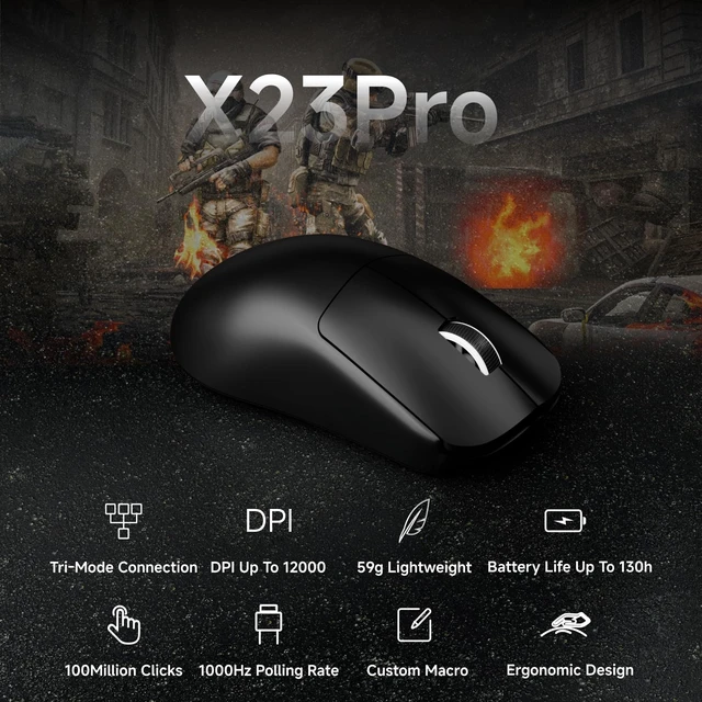 Alt view image 2 of 7 - X23 Pro Gaming Mouse, Tri-Mode 2.4G/USB-C/Bluetooth Wireless Mouse, PAW3311 Sensor, 12,000 DPI, 59g Lightweight, 1ms Ultra-Low Delay, Gaming & Computer Mouse for Laptop/PC/Mac-Black