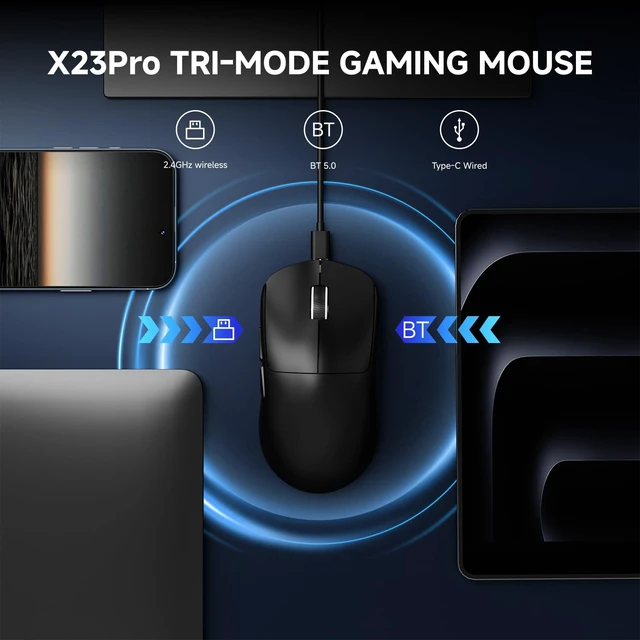 Alt view image 5 of 7 - X23 Pro Gaming Mouse, Tri-Mode 2.4G/USB-C/Bluetooth Wireless Mouse, PAW3311 Sensor, 12,000 DPI, 59g Lightweight, 1ms Ultra-Low Delay, Gaming & Computer Mouse for Laptop/PC/Mac-Black