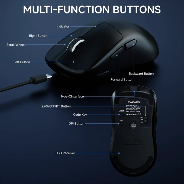 Alt view image 7 of 7 - X23 Pro Gaming Mouse, Tri-Mode 2.4G/USB-C/Bluetooth Wireless Mouse, PAW3311 Sensor, 12,000 DPI, 59g Lightweight, 1ms Ultra-Low Delay, Gaming & Computer Mouse for Laptop/PC/Mac-Black