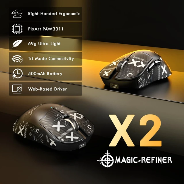 Alt view image 2 of 7 - X2 Superlight Wireless Gaming Mouse,BK3633 Tri-Mode BT/2.4G Wireless/Wired Mouse with Grip Tape,25000DPI,1000Hz Polling Rate,500mAh,Large Size,5 Programmable Buttons for Pc/Mac,Black PRO