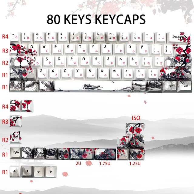Alt view image 6 of 7 - Plum Blosoom Key Caps Japanese Keycaps 80 Keys Custom Keycap Set PBT Dye Sublimation Cherry Profile Keycap Suitable for 61/64/67/68 Cherry MX Swtich Mechanical Keyboard