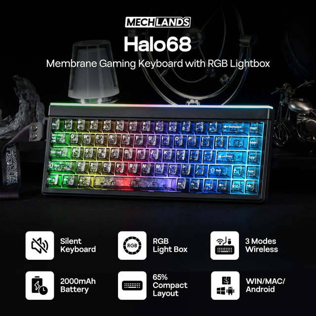 Alt view image 2 of 7 - MechLands Halo68 Silent Wireless Gaming Keyboard w/Light Box, 68 Keys | Creamy Computer Keyboard for PC Game/Office/Home, Membrane Structure, 2000mAh Battery, RGB Backlits, Carbon Fiber Keycaps