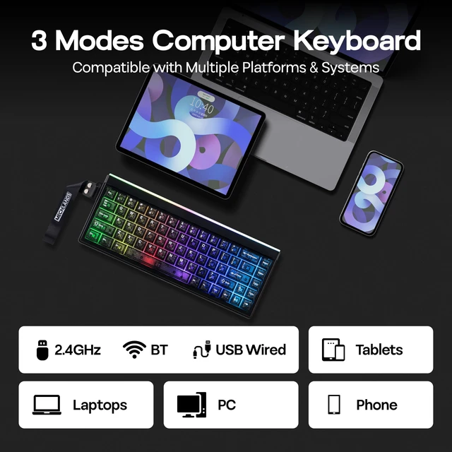 Alt view image 6 of 7 - MechLands Halo68 Silent Wireless Gaming Keyboard w/Light Box, 68 Keys | Creamy Computer Keyboard for PC Game/Office/Home, Membrane Structure, 2000mAh Battery, RGB Backlits, Carbon Fiber Keycaps