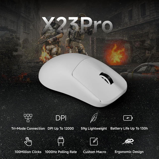 Alt view image 2 of 7 - X23 Pro Gaming Mouse, Tri-Mode 2.4G/USB-C/BT 5.4 Wireless Mouse, PAW3311 Sensor, 12000 DPI, 59g Lightweight, 1ms Response, Anti-Slip Grip Tape Included Computer Mouse for Laptop/PC/Mac-White