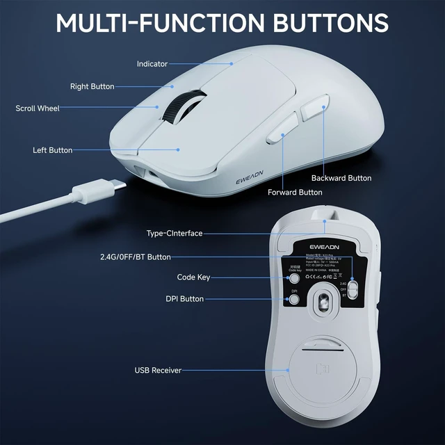 Alt view image 7 of 7 - X23 Pro Gaming Mouse, Tri-Mode 2.4G/USB-C/BT 5.4 Wireless Mouse, PAW3311 Sensor, 12000 DPI, 59g Lightweight, 1ms Response, Anti-Slip Grip Tape Included Computer Mouse for Laptop/PC/Mac-White