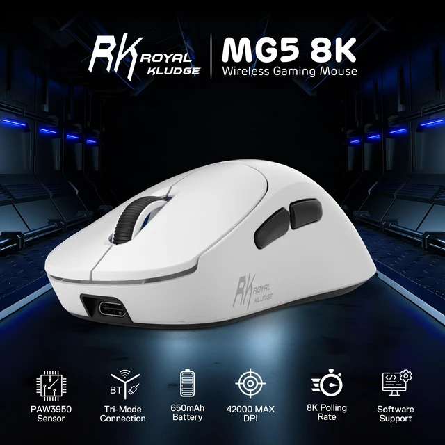Alt view image 3 of 7 - MG5 8K Wireless Gaming Mouse 42000 DPI PAW3950 Sensor | 56g Lightweight Ergonomic Computer Mouse, Dual 8000Hz Polling Rate, 2.4GHz/BT/USB-C, Gaming Accessories for PC/Laptop/Mac