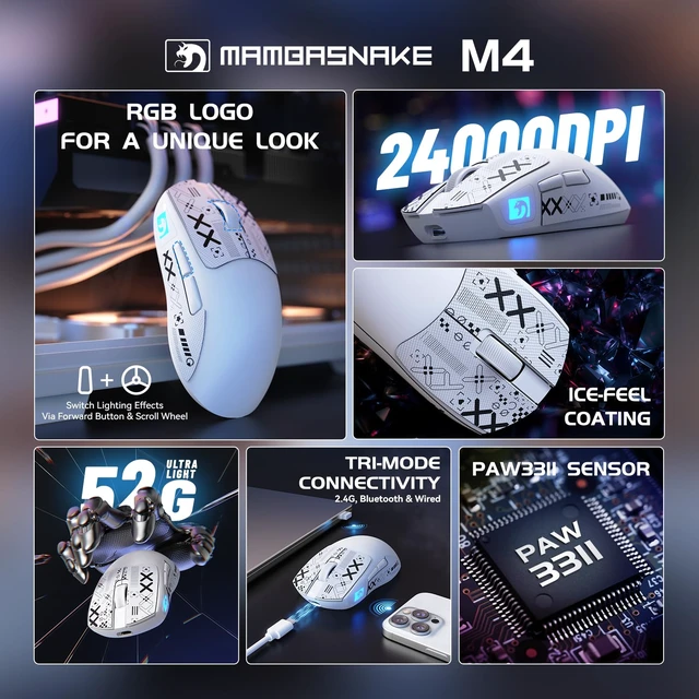 Alt view image 2 of 7 - M4 Wireless Gaming Mouse, 52g Lightweight BT/2.4Ghz/Wired Computer Mouse, PAW3311 24K DPI Optical Sensor, 200h Battery Life, Griptape, Programmable Mice for PC/Win/Mac(White)