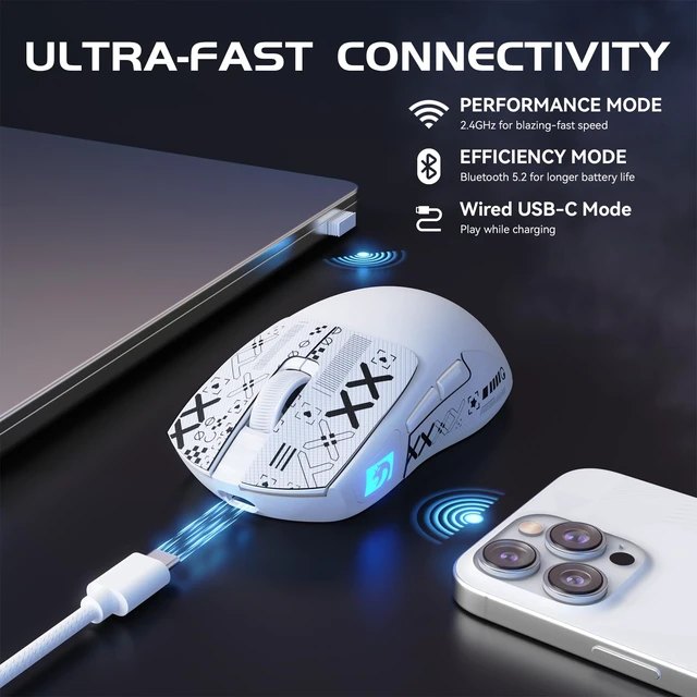 Alt view image 5 of 7 - M4 Wireless Gaming Mouse, 52g Lightweight BT/2.4Ghz/Wired Computer Mouse, PAW3311 24K DPI Optical Sensor, 200h Battery Life, Griptape, Programmable Mice for PC/Win/Mac(White)