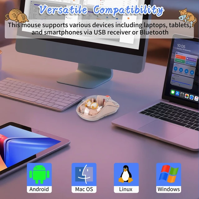 Alt view image 6 of 6 - Wireless USB C Mouse - Bluetooth Triple Mode Rechargeable Cartoon Mouse for Laptops, iPads & MacBook Air/Pro - Silent Operation, Portable Design, Unique Magnetic Character (Milk tea color)