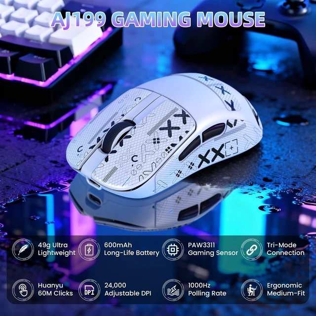Alt view image 2 of 7 - AJ199 Superlight Wireless Gaming Mouse,BK3633 Tri-Mode BT/2.4G Wireless/Wired Mouse with Grip Tape,24000DPI,1000Hz Polling Rate,600mAh,Med Size,5 Programmable Buttons for Pc/Mac,WhitePRO